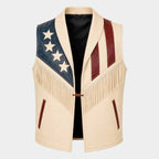 Men's Premium Leather Western Vest with Handmade American Flag Fringe Design