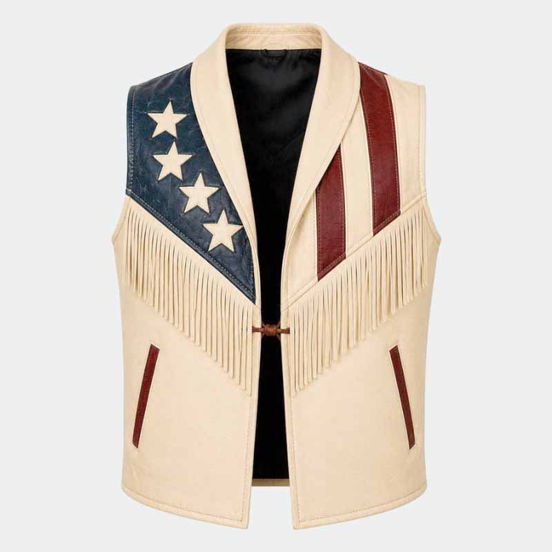 Men's Premium Leather Western Vest with Handmade American Flag Fringe Design