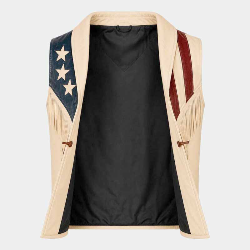Men's Premium Leather Western Vest with Handmade American Flag Fringe Design