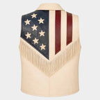 Men's Premium Leather Western Vest with Handmade American Flag Fringe Design
