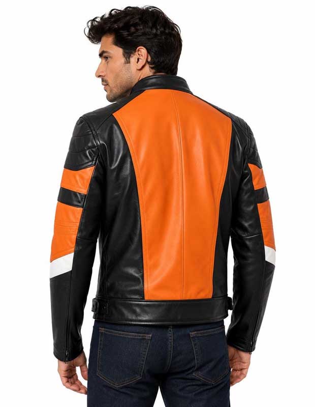 Handmade Black & Orange Leather Biker Motorcycle Jacket