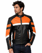 Handmade Black & Orange Leather Biker Motorcycle Jacket