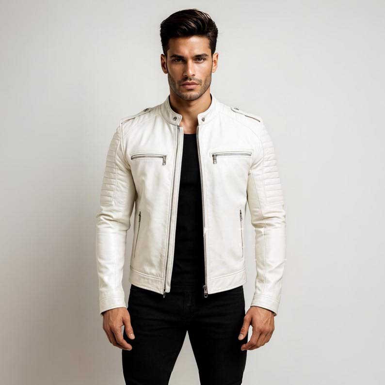 Handmade White Lambskin Leather Biker Jacket - Quilted Shoulder Moto Racer Jacket