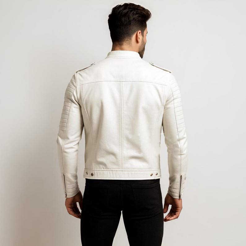 Handmade White Lambskin Leather Biker Jacket - Quilted Shoulder Moto Racer Jacket
