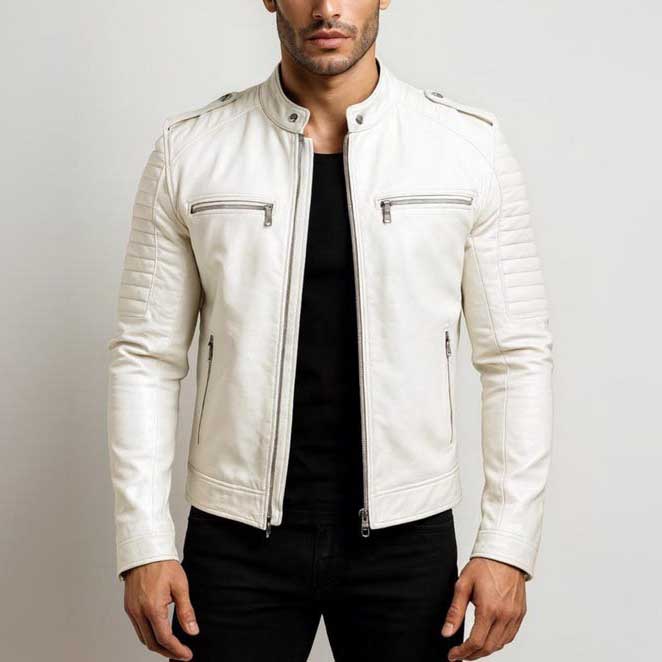 Handmade White Lambskin Leather Biker Jacket - Quilted Shoulder Moto Racer Jacket