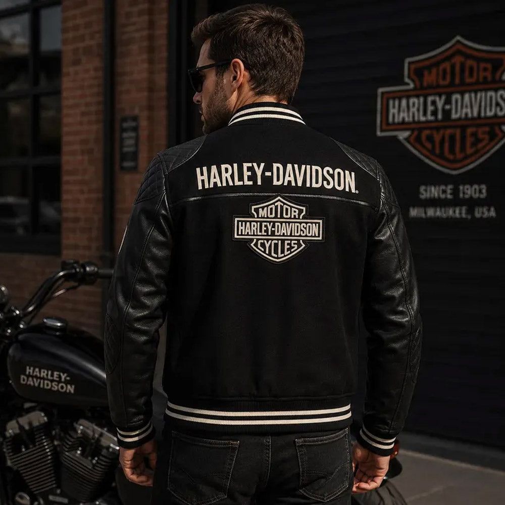 Harley-Davidson Inspired Varsity Leather Jacket for Men | Black Biker Bomber Jacket