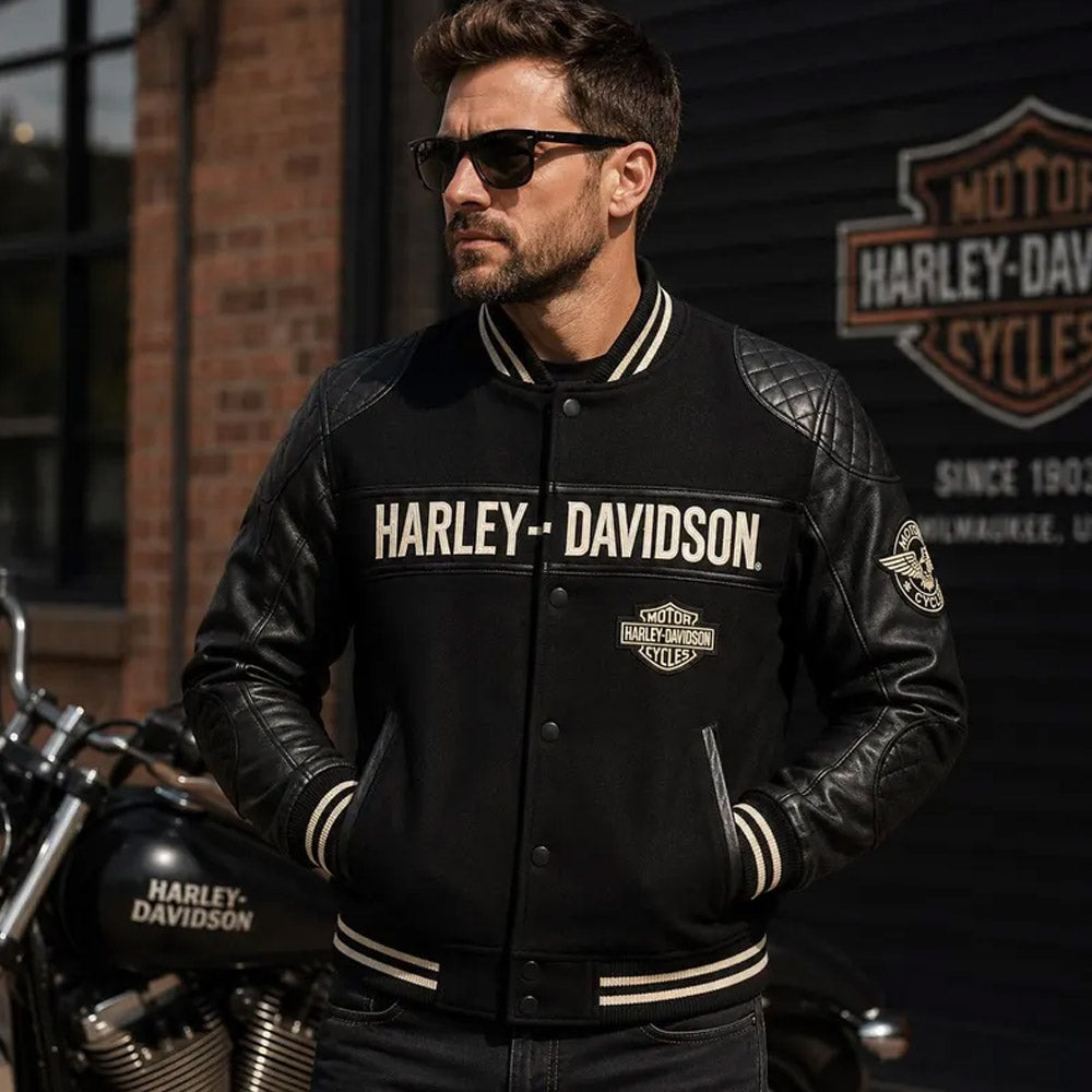 Harley-Davidson Inspired Varsity Leather Jacket for Men | Black Biker Bomber Jacket