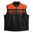 Men's Black and Orange Genuine Leather Harley Davidson Motorcycle Vest with Bar and Shield Logo
