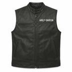 Men's Black Genuine Leather Harley Davidson Motorcycle Vest with Embroidered Logo