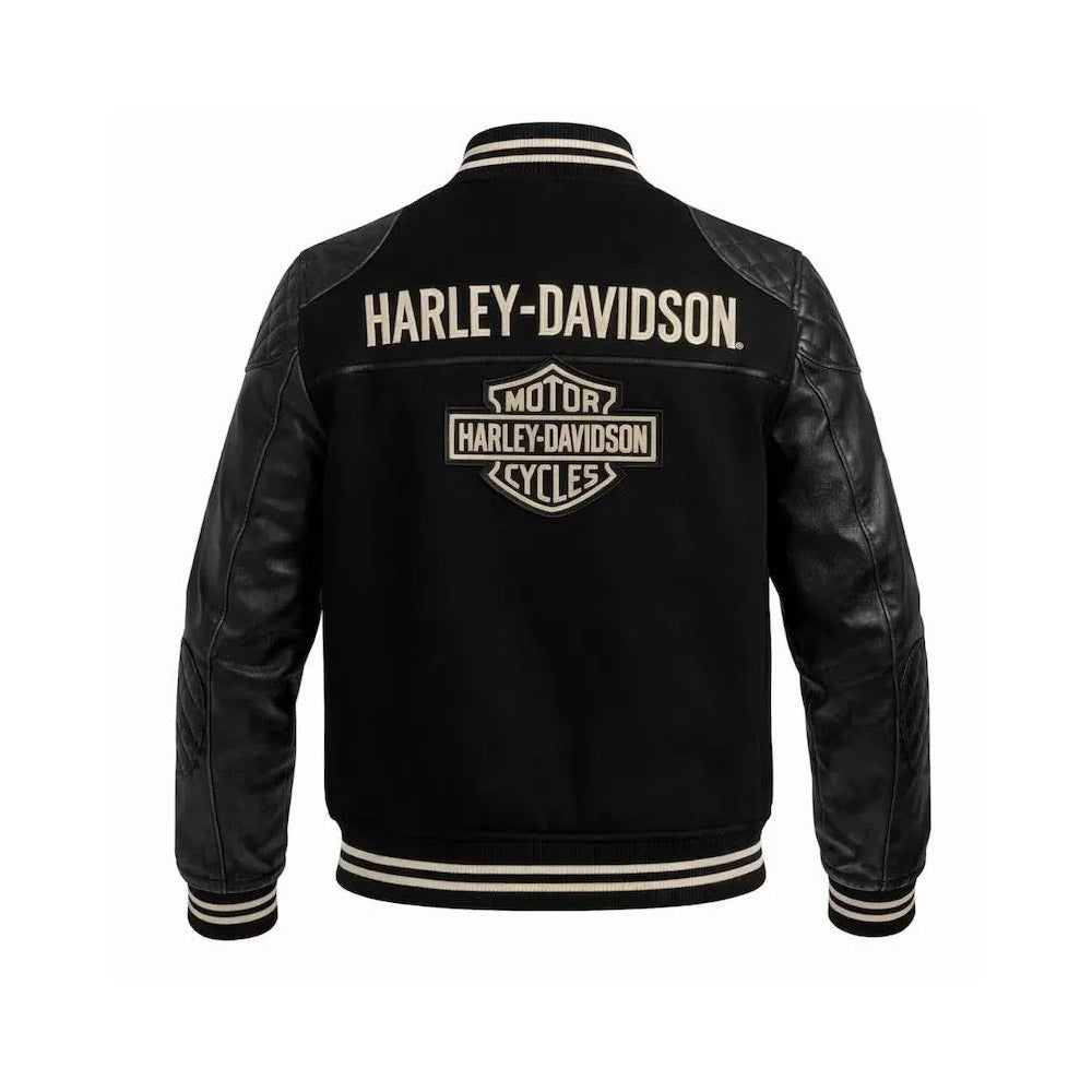 Harley-Davidson Inspired Varsity Leather Jacket for Men | Black Biker Bomber Jacket