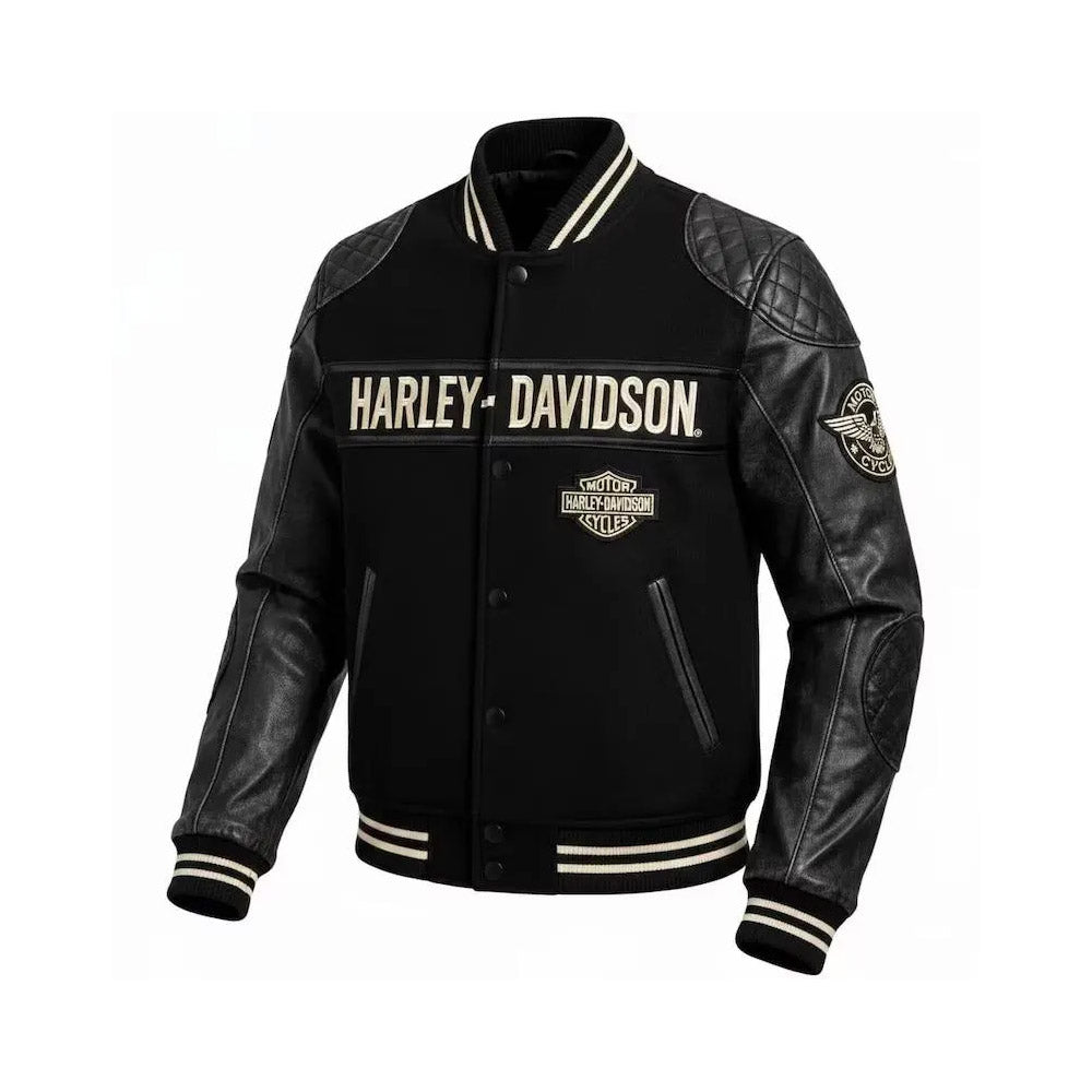 Harley-Davidson Inspired Varsity Leather Jacket for Men | Black Biker Bomber Jacket