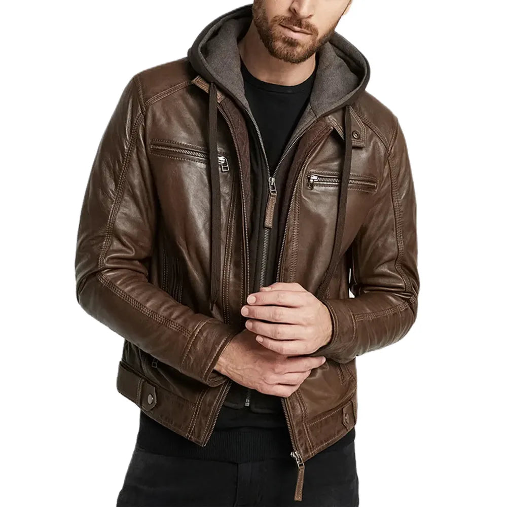 Biker Eric Hooded Leather Jacket
