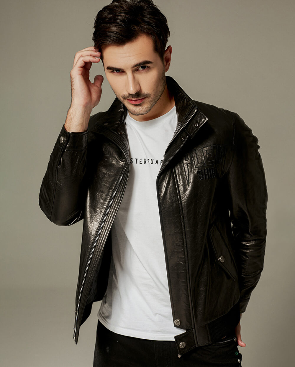 Black Vegetable-Tanned Goatskin Leather Bomber Jacket