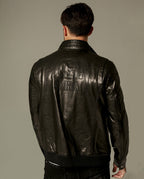 Black Vegetable-Tanned Goatskin Leather Bomber Jacket