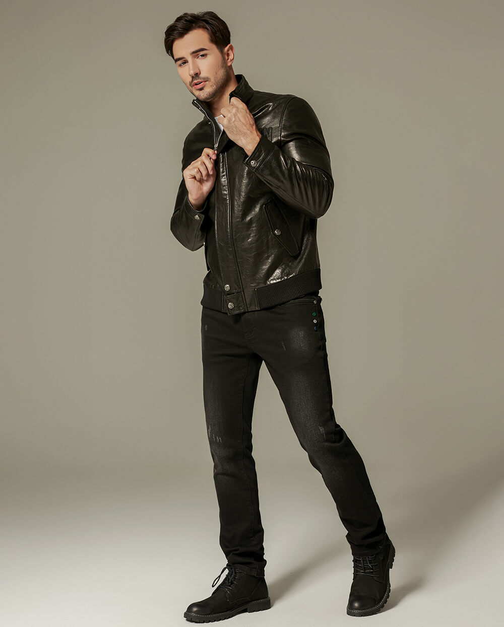Black Vegetable-Tanned Goatskin Leather Bomber Jacket