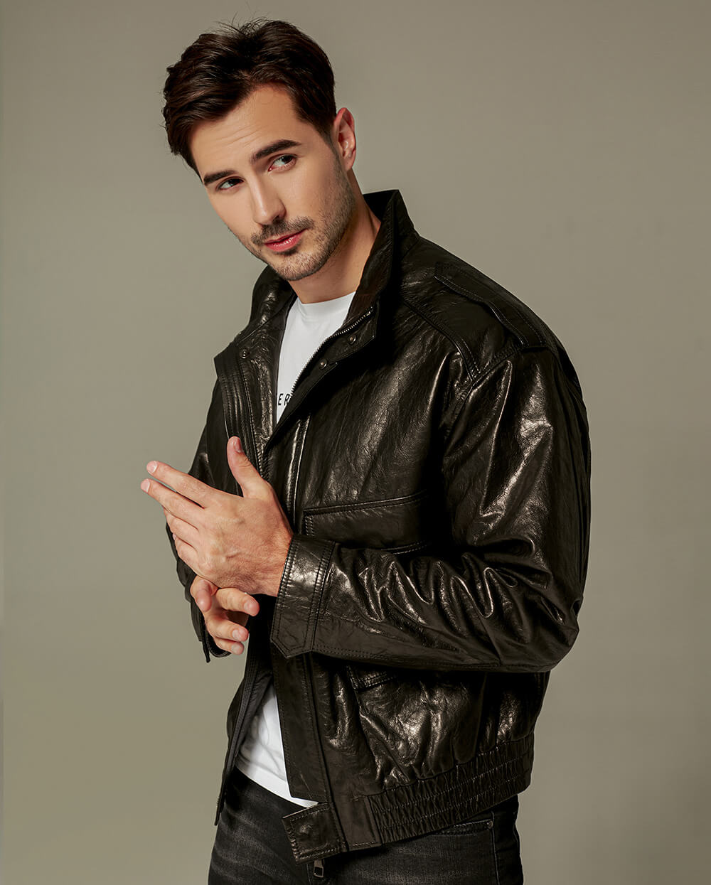 Black Bi-Swing Appliqued Goatskin Leather Jacket