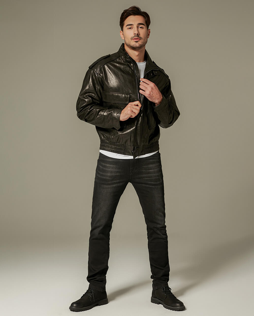 Black Bi-Swing Appliqued Goatskin Leather Jacket