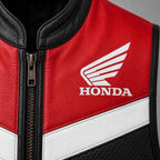 Men's Black Genuine Leather Honda Motorcycle Vest with Perforated Front Panel
