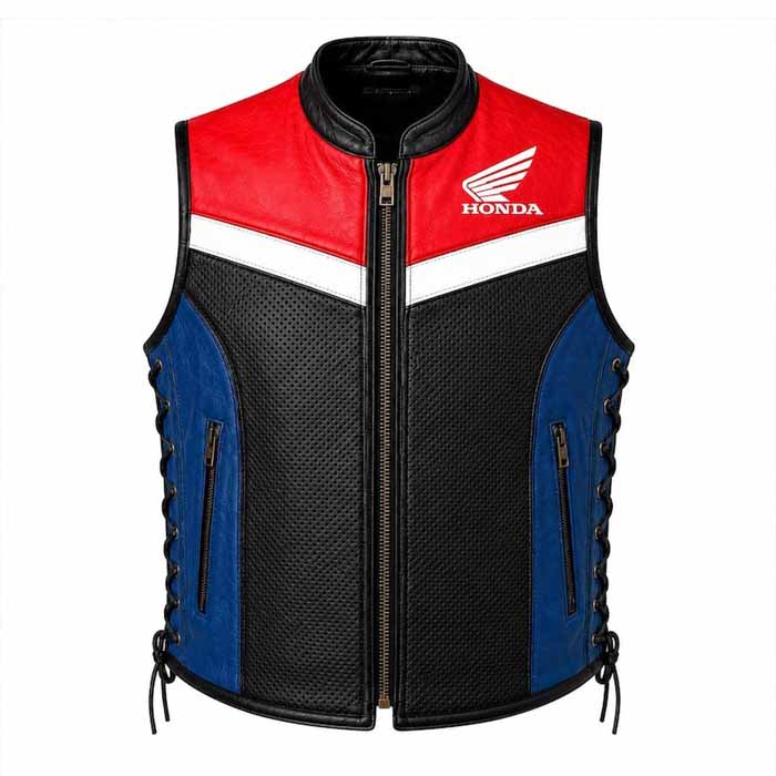 Men's Black Genuine Leather Honda Motorcycle Vest with Perforated Front Panel