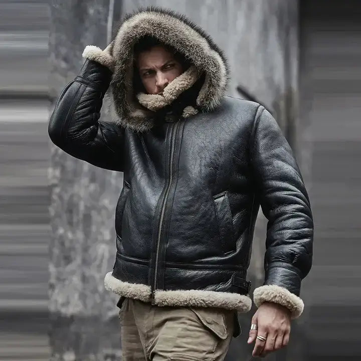 Men’s Hooded RAF Black Aviator B3 Sheepskin Shearling Jacket