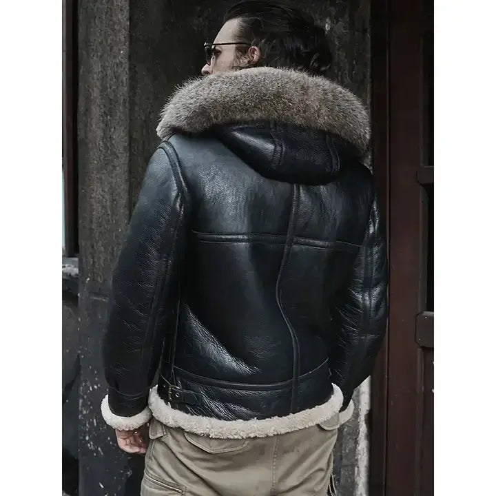 Men’s Hooded RAF Black Aviator B3 Sheepskin Shearling Jacket