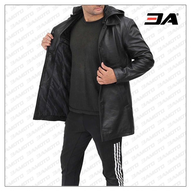 Devine Mens Black Leather Hooded Coat