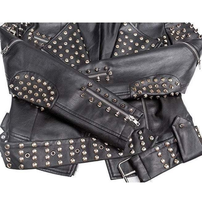 Handmade Women Black Punk Silver Spiked Studded Leather Biker Jacket