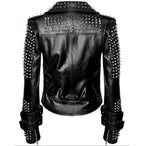 Handmade Women Black Punk Silver Spiked Studded Leather Biker Jacket
