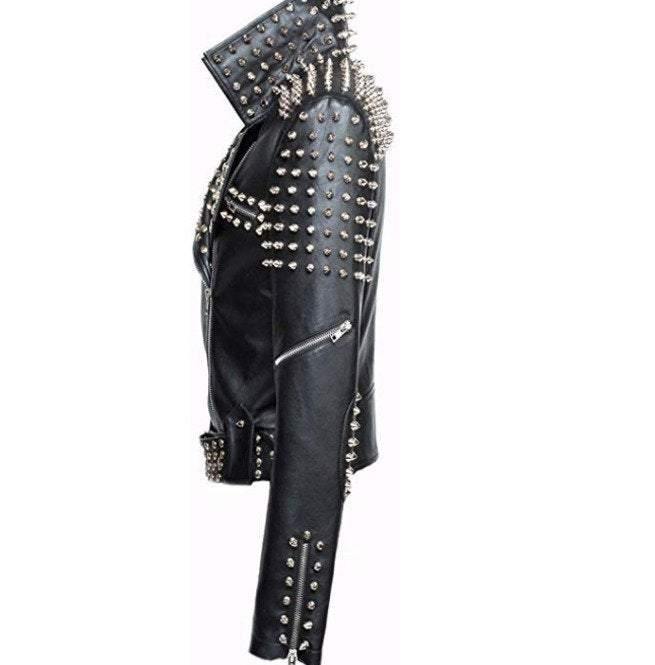 Handmade Women Black Punk Silver Spiked Studded Leather Biker Jacket