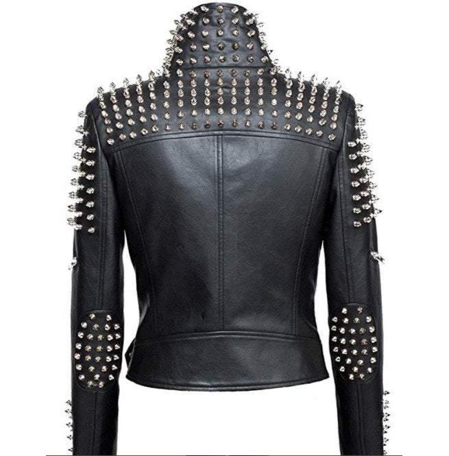 Handmade Women Black Punk Silver Spiked Studded Leather Biker Jacket