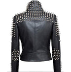 Handmade Women Black Punk Silver Spiked Studded Leather Biker Jacket