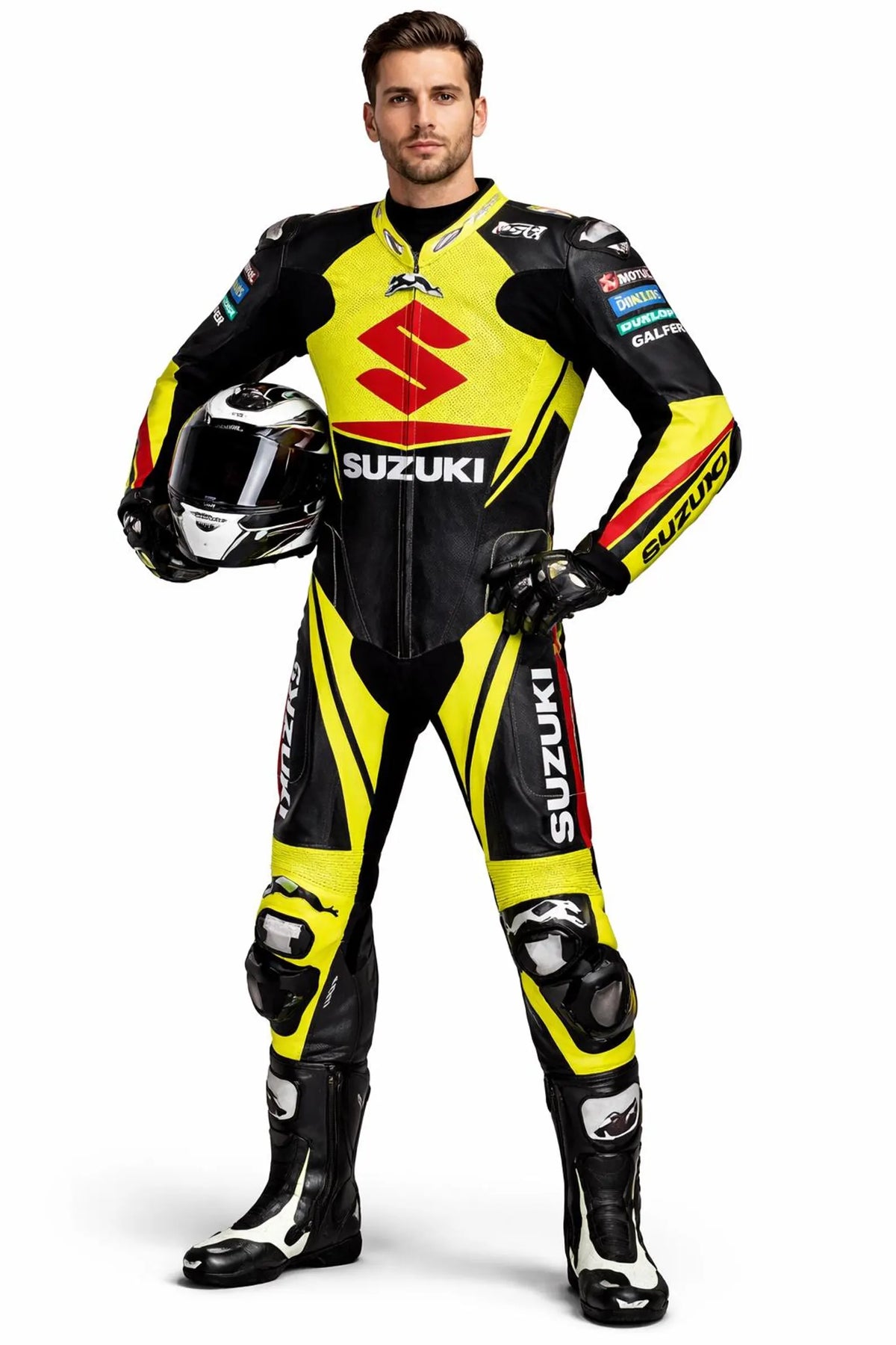 SUZUKI YELLOW AND BLACK MOTORCYCLE LEATHER RACING SUIT