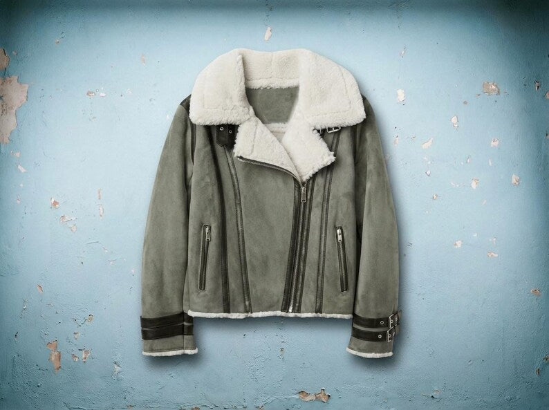 Women's Gray Suede Biker Jacket with Faux Fur Lining