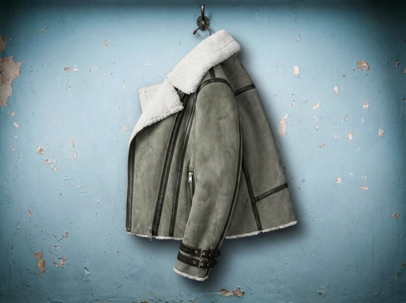 Women's Gray Suede Biker Jacket with Faux Fur Lining