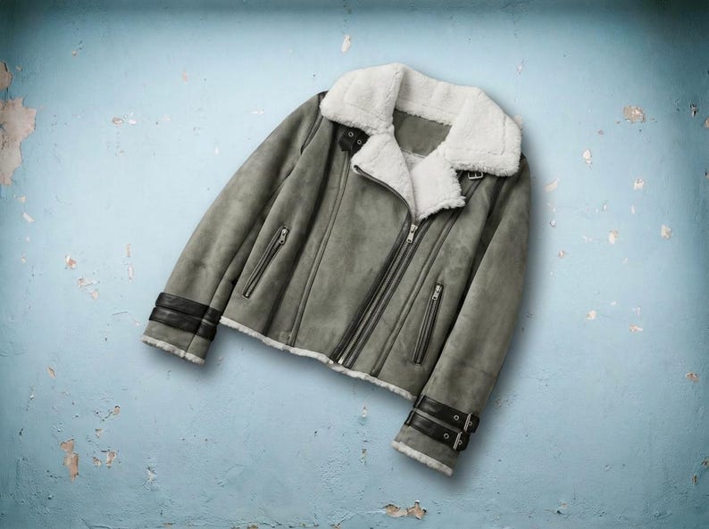 Women's Gray Suede Biker Jacket with Faux Fur Lining