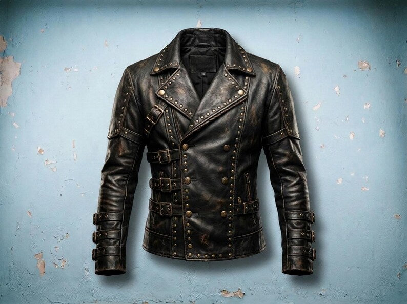 Men's Black Studded Buckled Gothic Leather Jacket