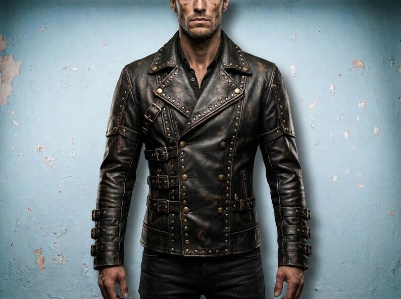 Men's Black Studded Buckled Gothic Leather Jacket