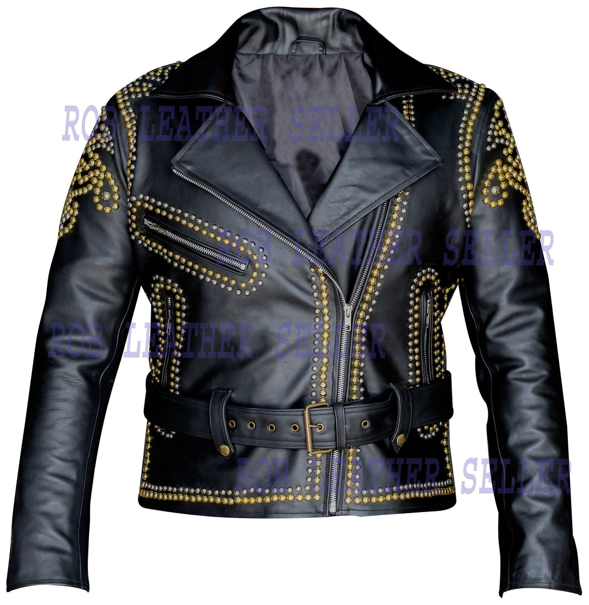 Women Leather Jacket Ladies Biker Jacket Golden Pine Studs Design