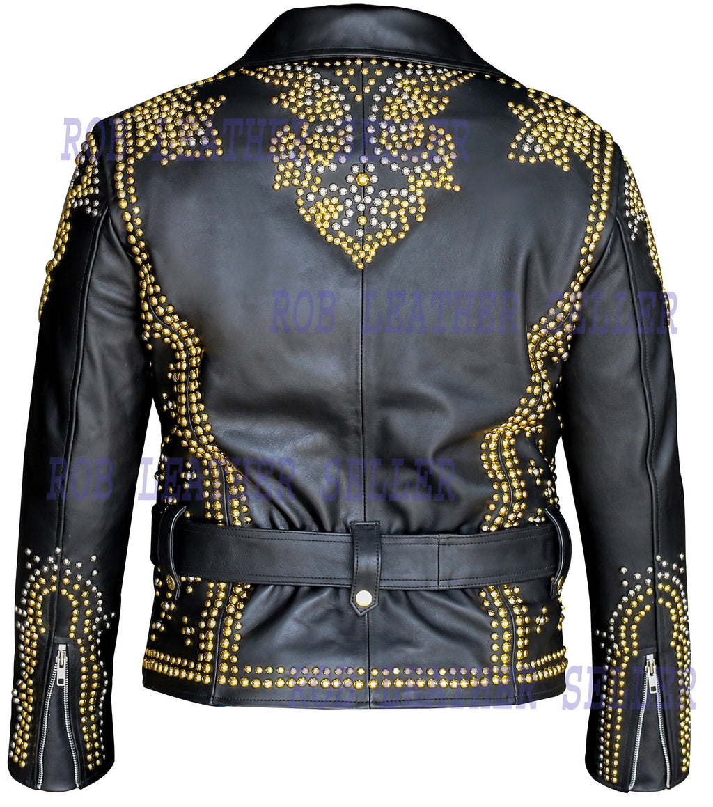 Women Leather Jacket Ladies Biker Jacket Golden Pine Studs Design