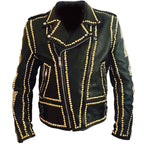 Avanzar Men's Black Punk Spiked Leather Jacket – Gold Studded Edition