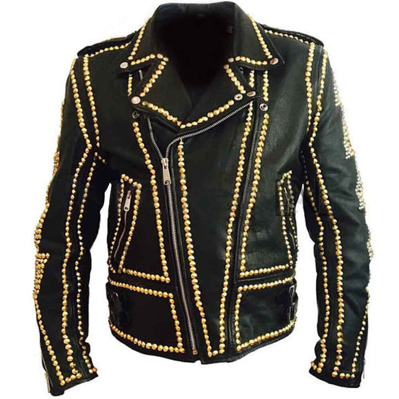 Avanzar Men's Black Punk Spiked Leather Jacket – Gold Studded Edition