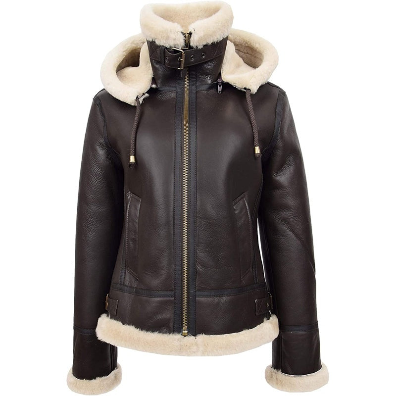 Women’s Shearling Aviator B3 Hooded Jacket – Brown | Avanzar Leather