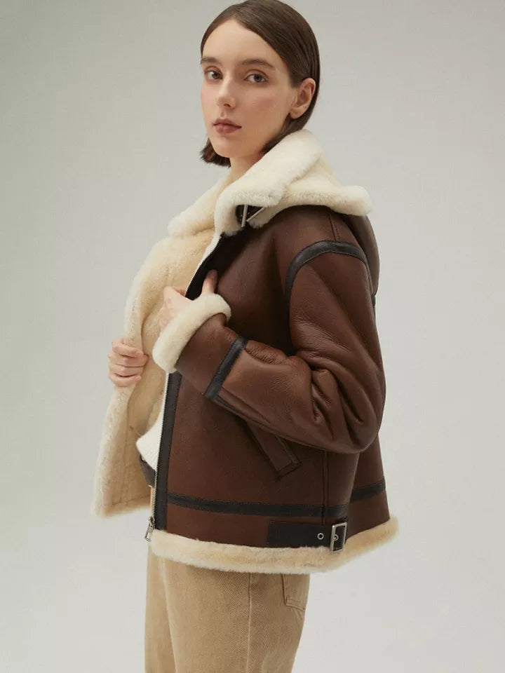 Women’s Chocolate Shearling Leather Hooded Jacket | Avanzar Leather