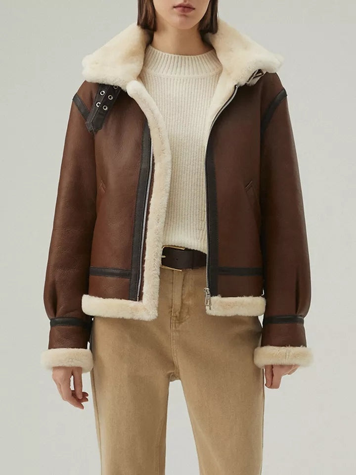 Women’s Chocolate Shearling Leather Hooded Jacket | Avanzar Leather