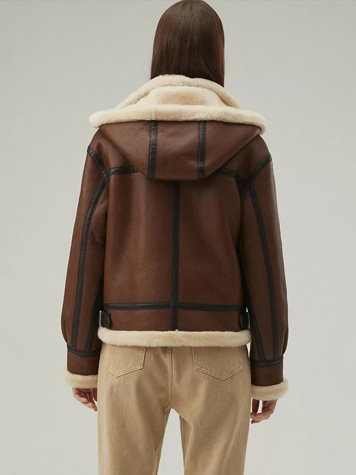 Women’s Chocolate Shearling Leather Hooded Jacket | Avanzar Leather