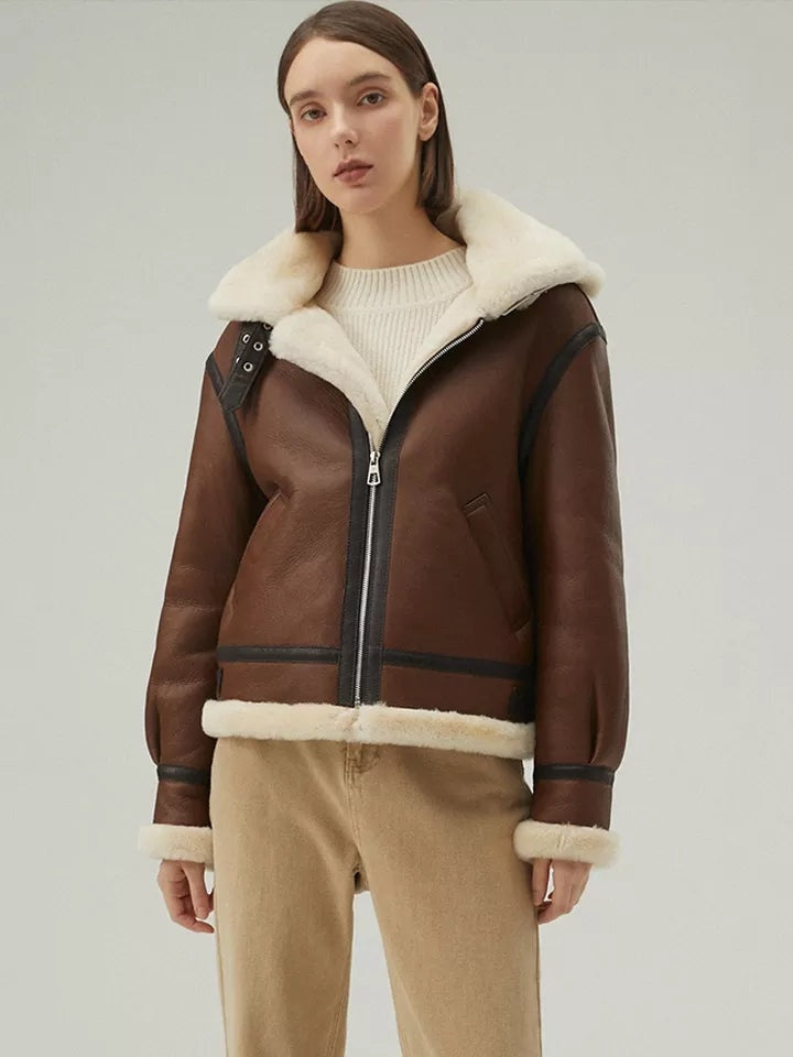 Women’s Chocolate Shearling Leather Hooded Jacket | Avanzar Leather