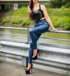 Women’s Blue High-Waist Genuine Leather Biker Pants
