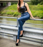 Women’s Blue High-Waist Genuine Leather Biker Pants