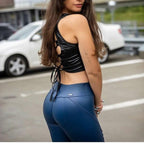 Women’s Blue High-Waist Genuine Leather Biker Pants
