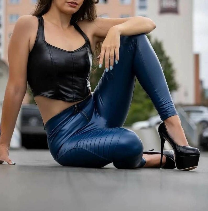 Women’s Blue High-Waist Genuine Leather Biker Pants